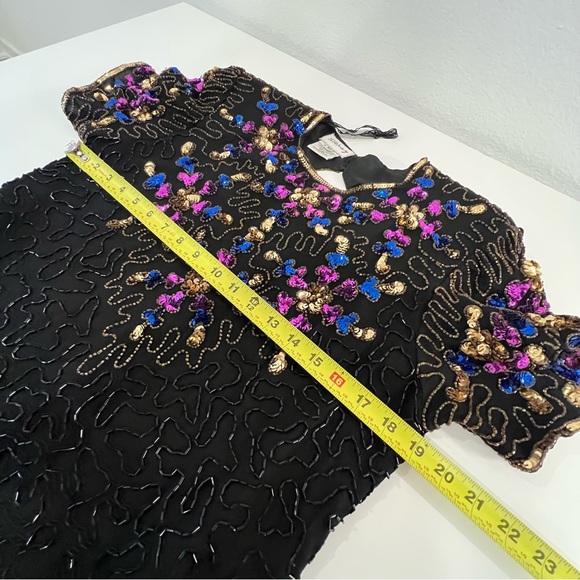 Vtg Sténay Black Gold Beaded Sequin Trophy Dress Silk India Size Xl Holidays - Picture 14 of 16